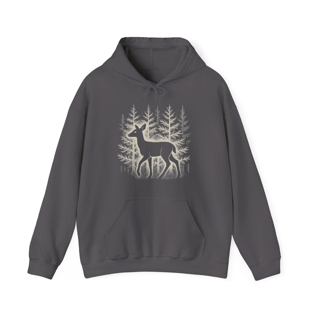 The Faithful Familiar charcoal grey pullover hoodie featuring a white deer silhouette graphic in a snowy forest.