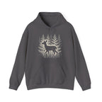 The Faithful Familiar charcoal grey pullover hoodie featuring a white deer silhouette graphic in a snowy forest.