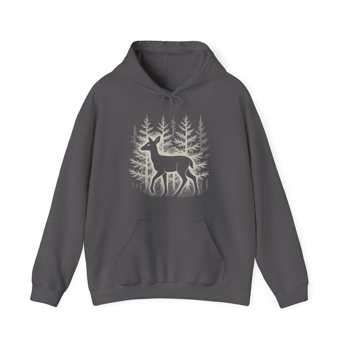 The Faithful Familiar charcoal grey pullover hoodie featuring a white deer silhouette graphic in a snowy forest.