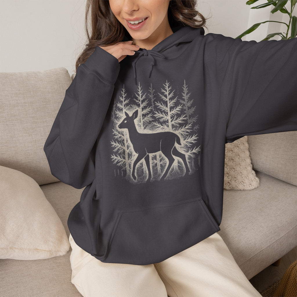 The Faithful Familiar charcoal grey pullover hoodie featuring a white deer silhouette graphic in a snowy forest scene.