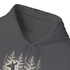 The Faithful Familiar charcoal grey pullover hoodie featuring a white deer and forest graphic on the chest.