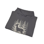 The Faithful Familiar charcoal grey pullover hoodie featuring a white deer and forest silhouette graphic print.