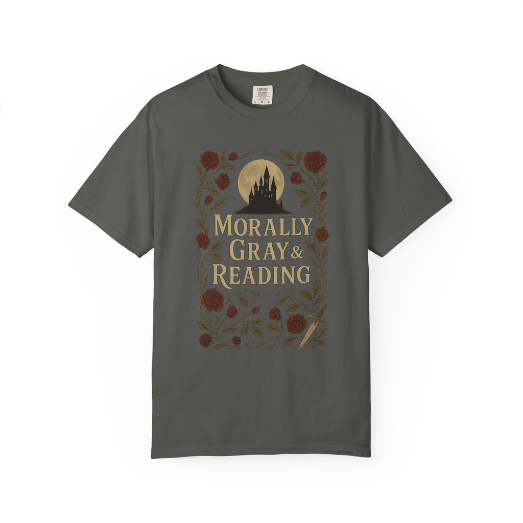 The Faithful Familiar garment-dyed charcoal grey cotton t-shirt with a gothic castle, floral, and bookish graphic.