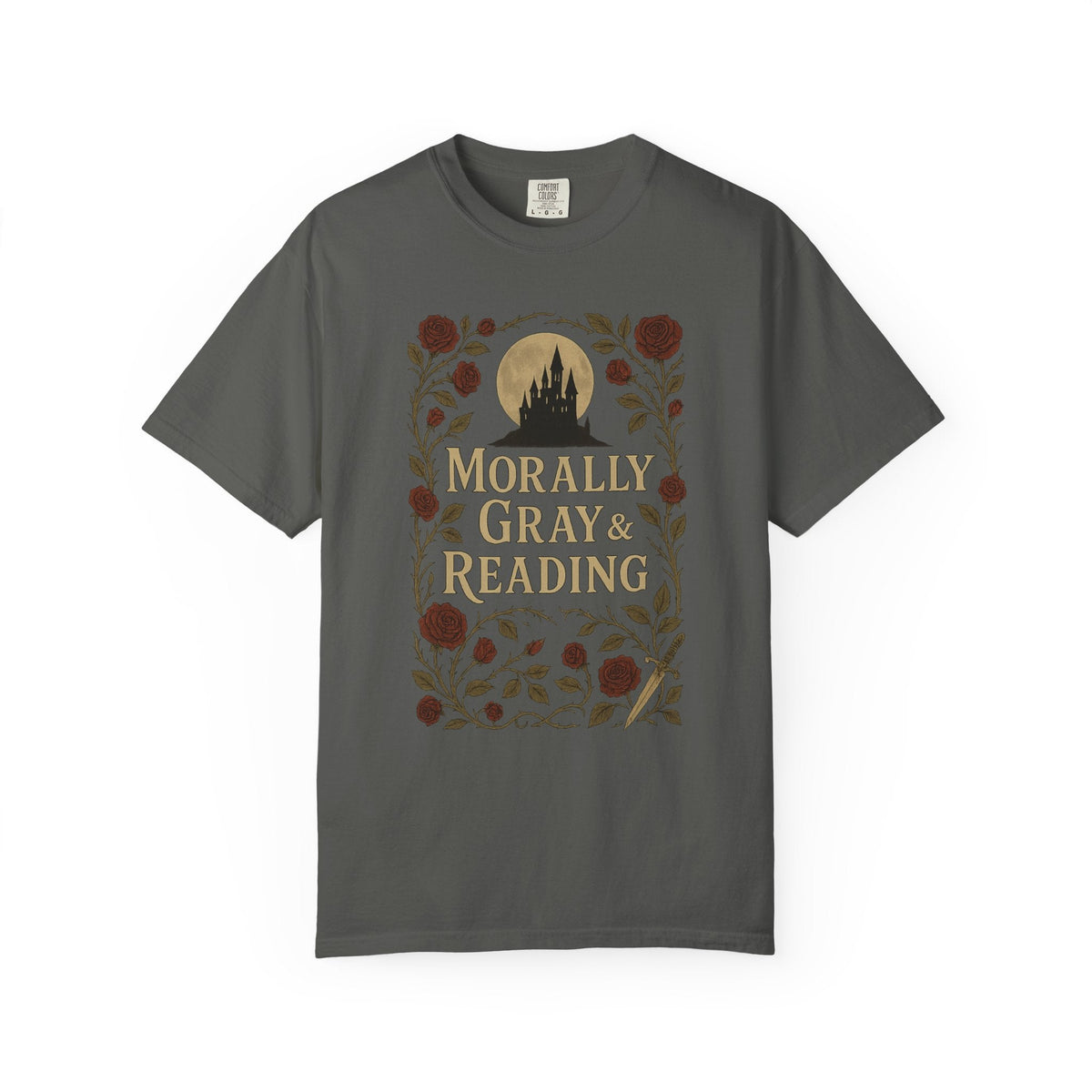 The Faithful Familiar garment-dyed charcoal grey cotton t-shirt with a gothic castle, floral, and bookish graphic.