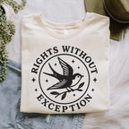 The Faithful Familiar cream graphic tee featuring a black swallow emblem with the text Rights Without Exception.