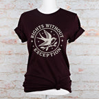 The Faithful Familiar unisex dark green graphic tee with a cream swallow and Rights Without Exception emblem print.