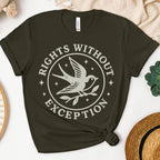 The Faithful Familiar dark green unisex graphic tee with a cream swallow and Rights Without Exception emblem print.