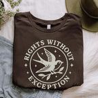 The Faithful Familiar dark green unisex graphic tee with a cream swallow bird emblem and Rights Without Exception text.