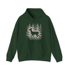 The Faithful Familiar forest green pullover hoodie featuring a white deer silhouette graphic in a snowy forest scene.