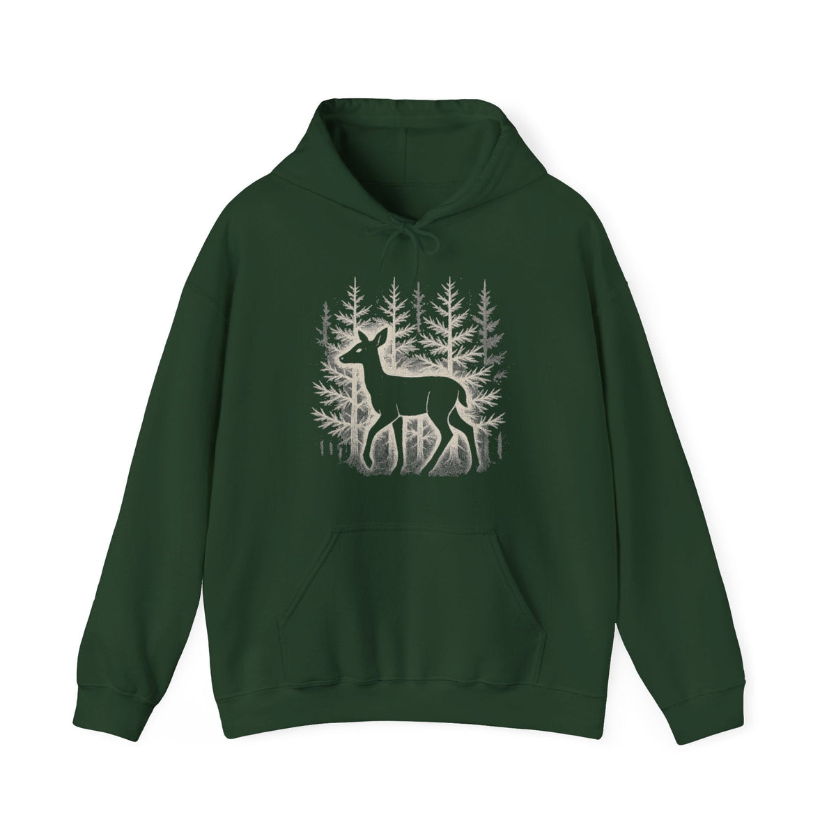 The Faithful Familiar forest green pullover hoodie featuring a white deer silhouette graphic in a snowy forest scene.