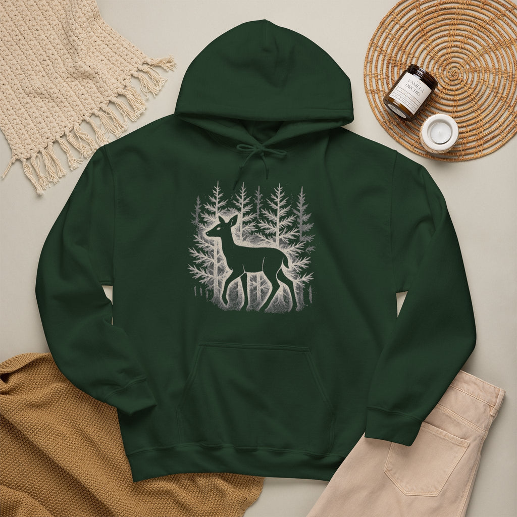 The Faithful Familiar forest green pullover hoodie featuring a white deer and pine tree graphic on the front.
