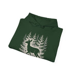 The Faithful Familiar forest green pullover hoodie featuring a white deer silhouette graphic in a snowy pine forest.