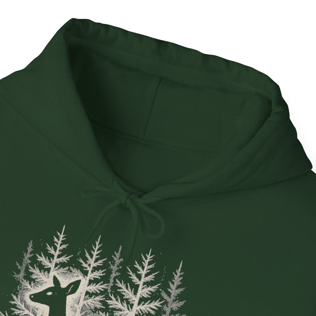 The Faithful Familiar forest green pullover hoodie featuring a detailed white deer and pine tree graphic print.