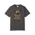 The Faithful Familiar charcoal grey cotton t-shirt featuring a gothic castle, red roses, and Morally Gray & Reading text