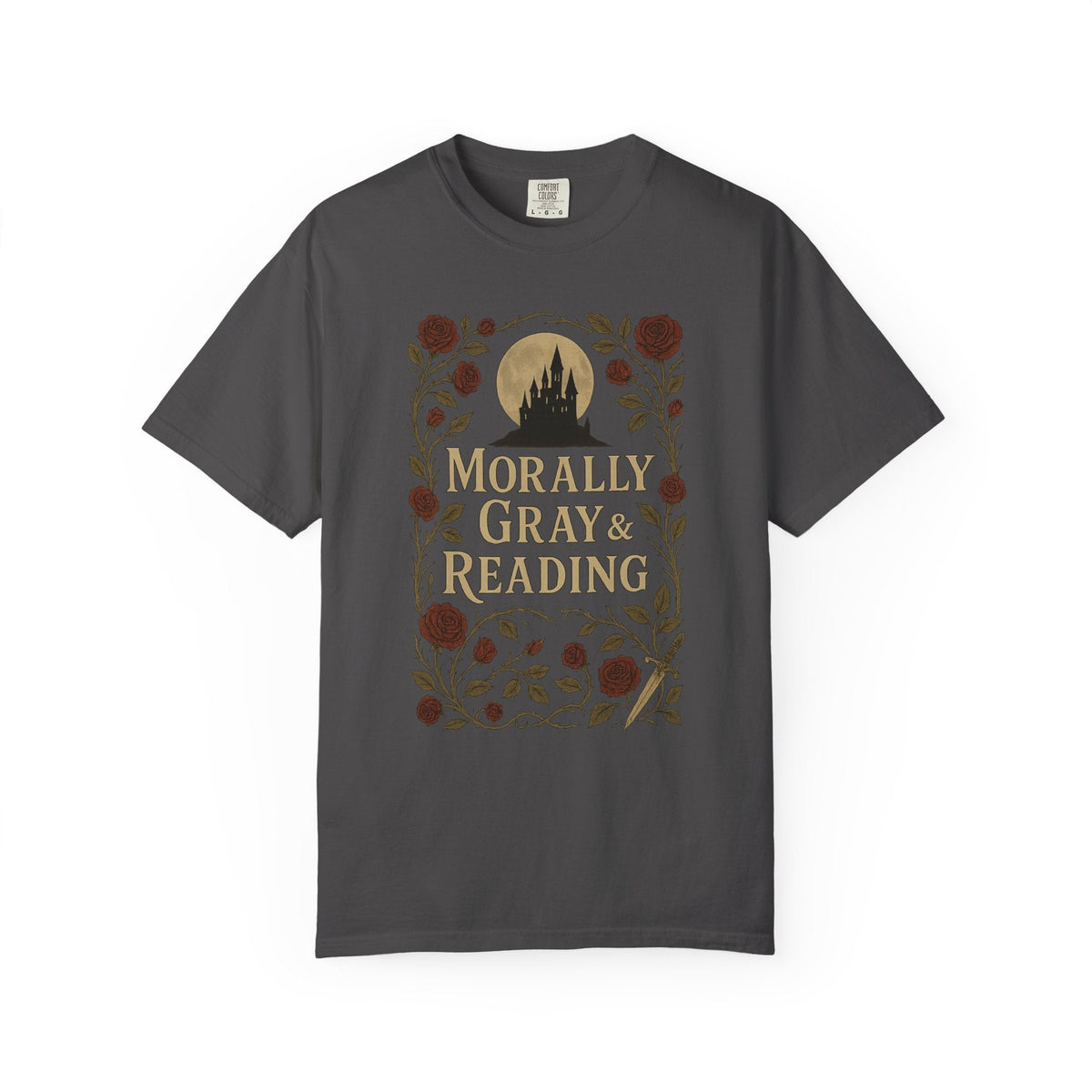 The Faithful Familiar charcoal grey cotton t-shirt featuring a gothic castle, red roses, and Morally Gray & Reading text