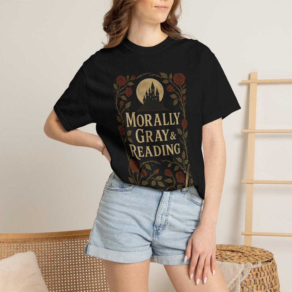 The Faithful Familiar black cotton t-shirt featuring a gothic castle, moon, and floral graphic with Morally Gray & Reading text.