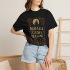 The Faithful Familiar black cotton t-shirt featuring a gothic castle, moon, and floral graphic with Morally Gray & Reading text.
