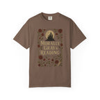 The Faithful Familiar brown cotton t-shirt featuring a gothic castle, red roses, and Morally Gray & Reading text.