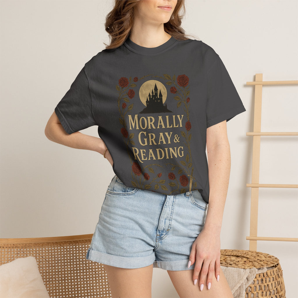 The Faithful Familiar garment-dyed cotton t-shirt featuring a gothic castle, floral, and Morally Gray & Reading graphic.