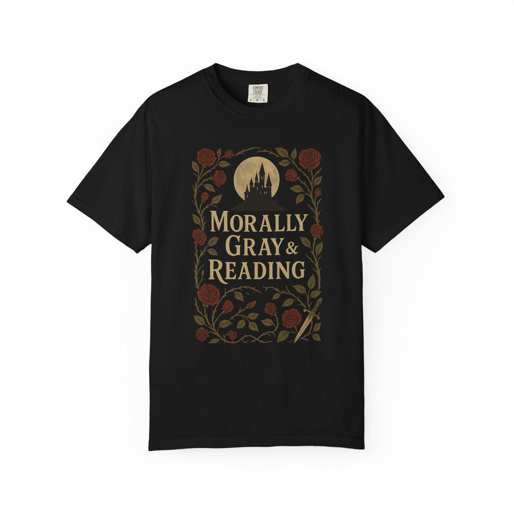 The Faithful Familiar black cotton t-shirt featuring a gothic castle, red roses, and Morally Gray & Reading text.