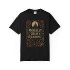 The Faithful Familiar black cotton t-shirt featuring a gothic castle, red roses, and Morally Gray & Reading text.