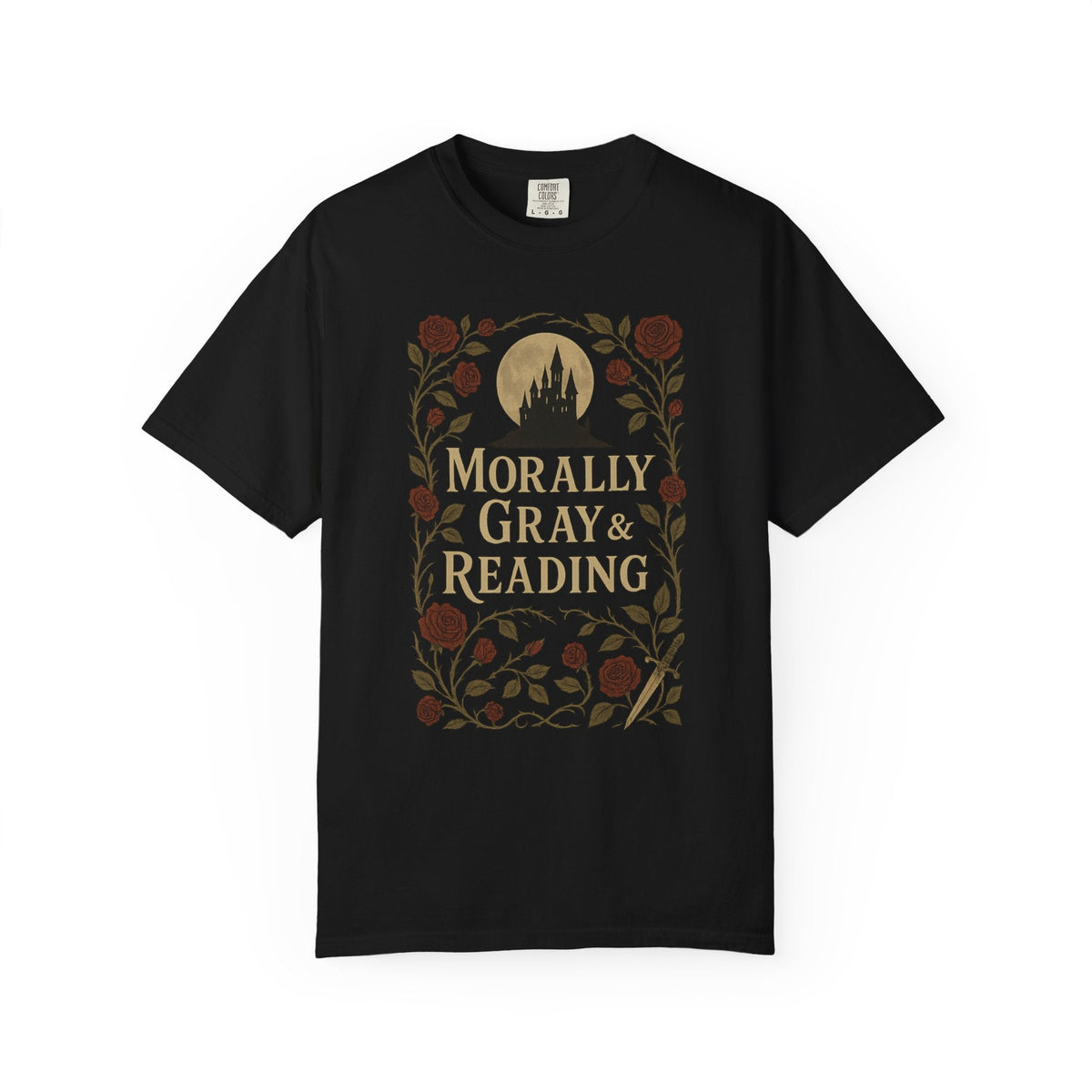 The Faithful Familiar black cotton t-shirt featuring a gothic castle, red roses, and Morally Gray & Reading text.