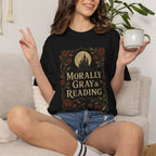 The Faithful Familiar black cotton t-shirt with a gothic castle, moon, and floral graphic reading Morally Gray & Reading