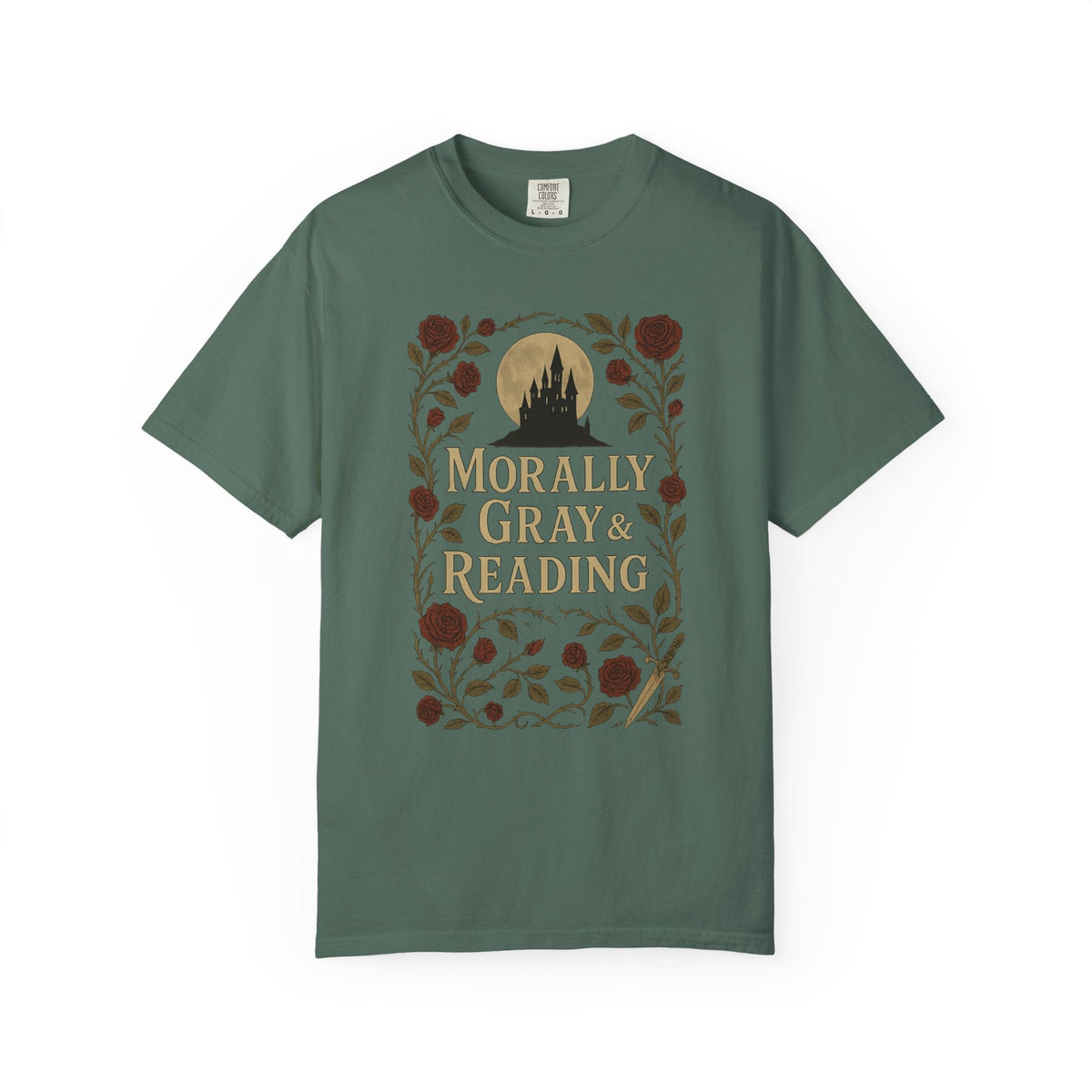 The Faithful Familiar garment-dyed green cotton t-shirt featuring a gothic castle, floral, and bookish graphic print.