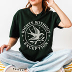 The Faithful Familiar dark green unisex graphic tee with a cream swallow and Rights Without Exception emblem print.