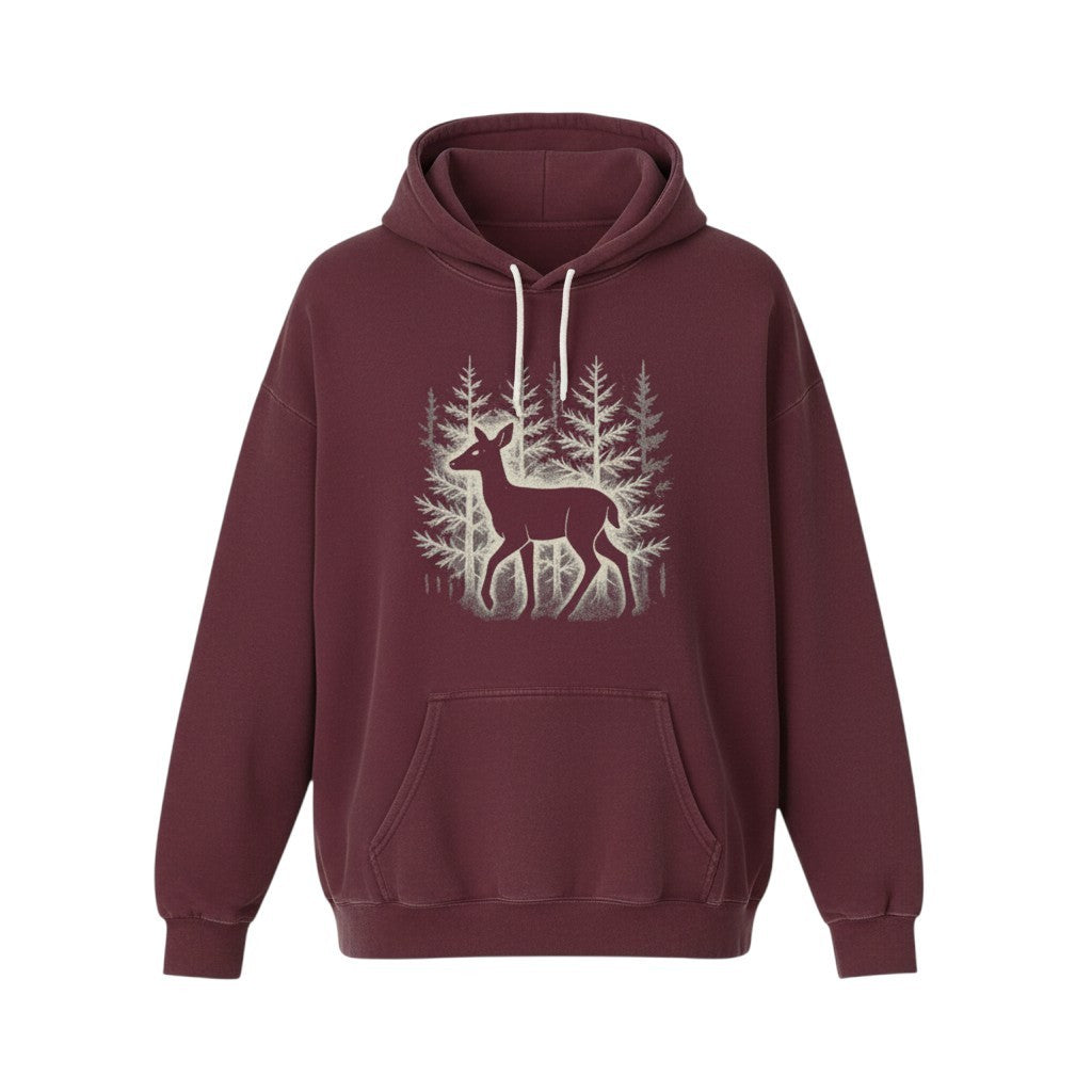 The Faithful Familiar maroon pullover hoodie featuring a white deer silhouette graphic in a forest setting.