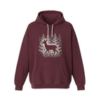 The Faithful Familiar maroon pullover hoodie featuring a white deer silhouette graphic in a forest setting.