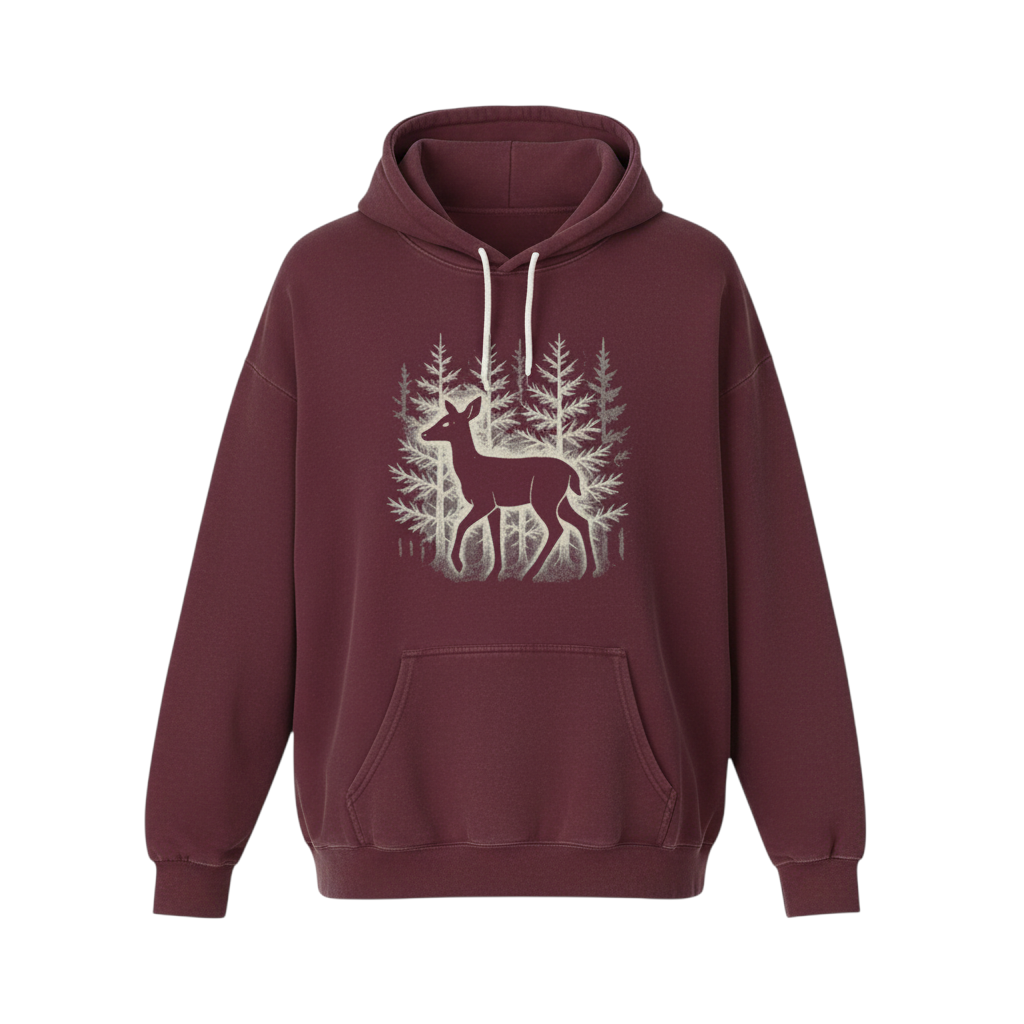The Faithful Familiar maroon pullover hoodie featuring a white deer silhouette graphic in a forest setting.
