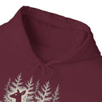 The Faithful Familiar maroon pullover hoodie featuring a detailed white deer and forest graphic on the chest.