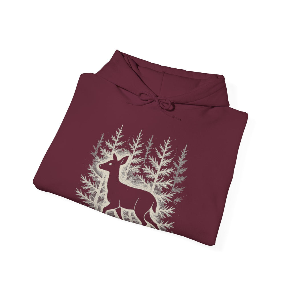 The Faithful Familiar maroon pullover hoodie featuring a white deer silhouette and forest graphic on the front.