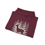 The Faithful Familiar maroon pullover hoodie featuring a white deer silhouette and forest graphic on the front.