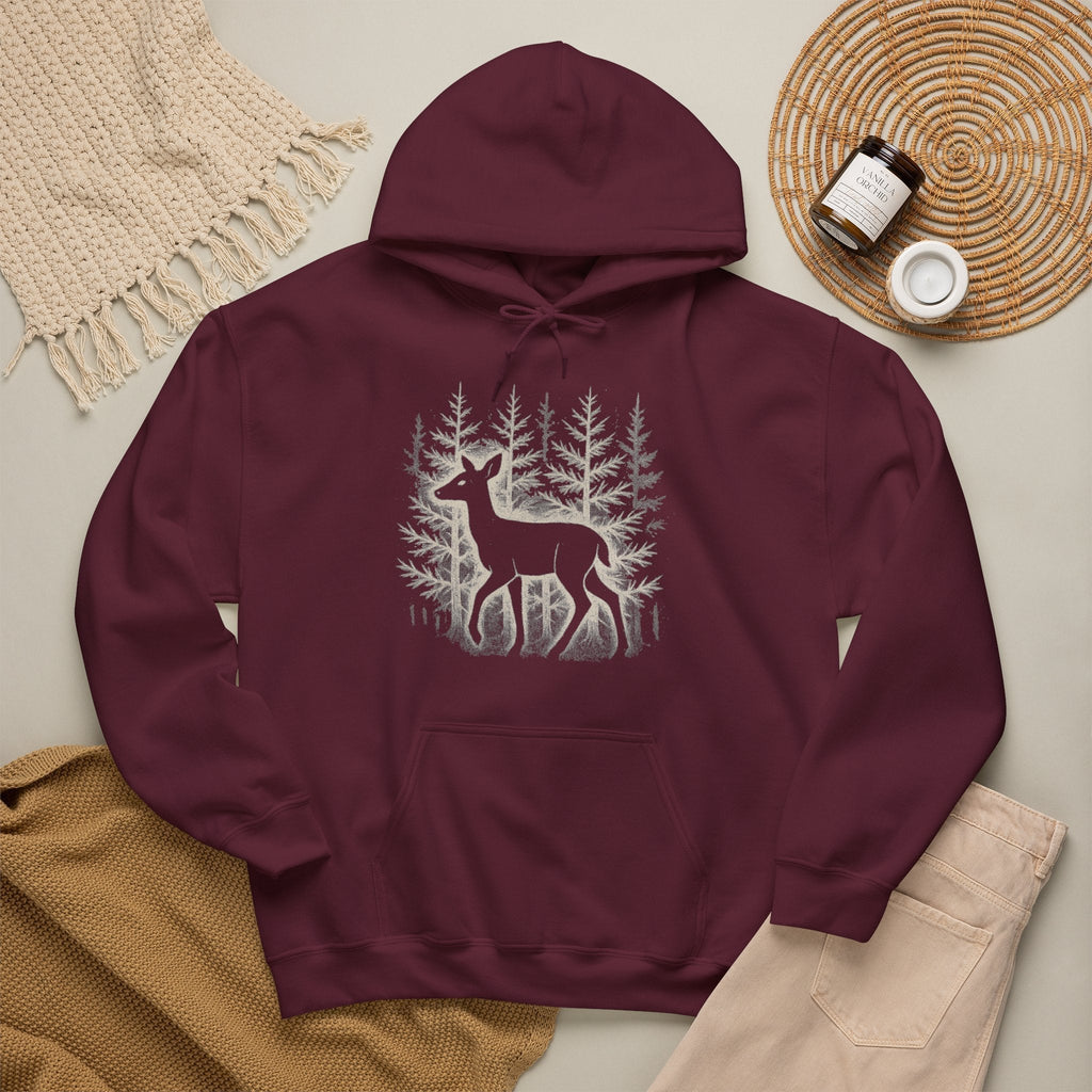 The Faithful Familiar maroon pullover hoodie featuring a white deer silhouette graphic in a forest setting.