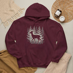 The Faithful Familiar maroon pullover hoodie featuring a white deer silhouette graphic in a forest setting.