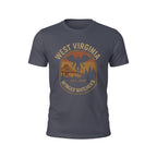 The Faithful Familiar charcoal grey Comfort Colors t-shirt with a vintage Mothman badge graphic in mustard and rust.