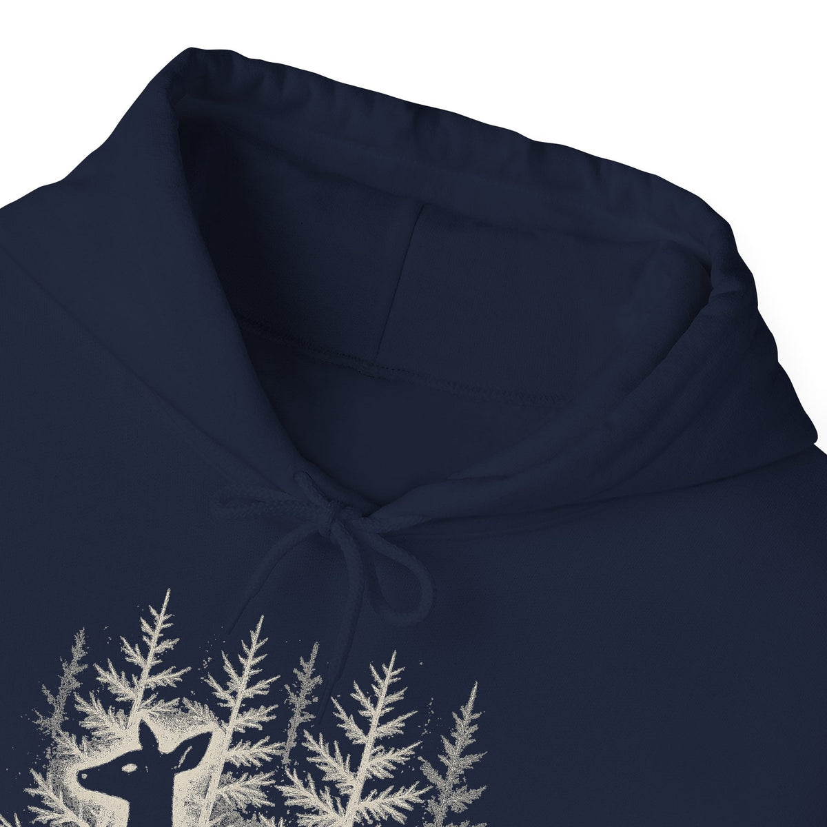 The Faithful Familiar navy blue pullover hoodie featuring a detailed white deer and forest graphic on the chest.