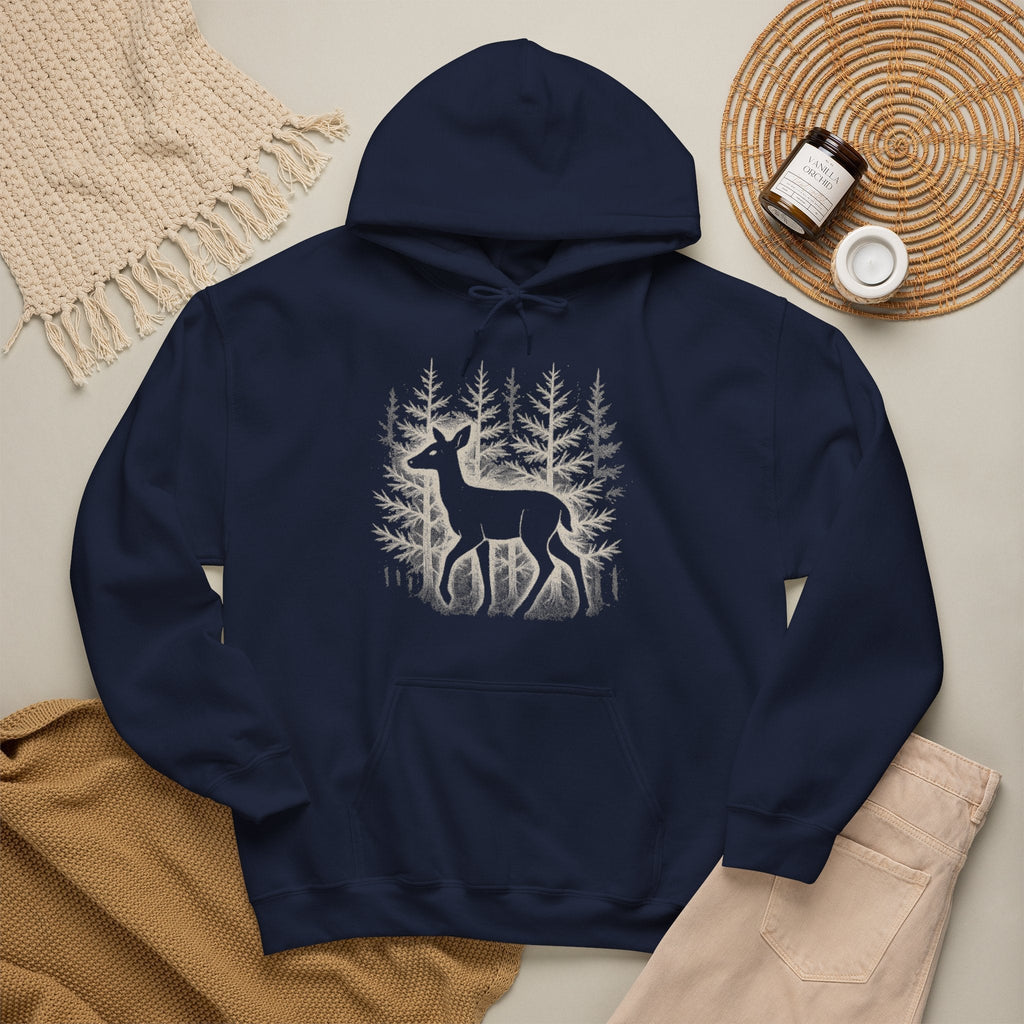 The Faithful Familiar navy blue pullover hoodie featuring a white deer silhouette and forest graphic with a hood.