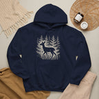 The Faithful Familiar navy blue pullover hoodie featuring a white deer silhouette and forest graphic with a hood.