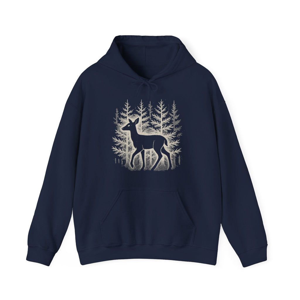 The Faithful Familiar navy blue pullover hoodie featuring a white graphic of a deer in a snowy forest with a hood.