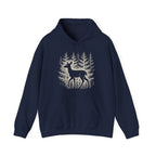 The Faithful Familiar navy blue pullover hoodie featuring a white graphic of a deer in a snowy forest with a hood.