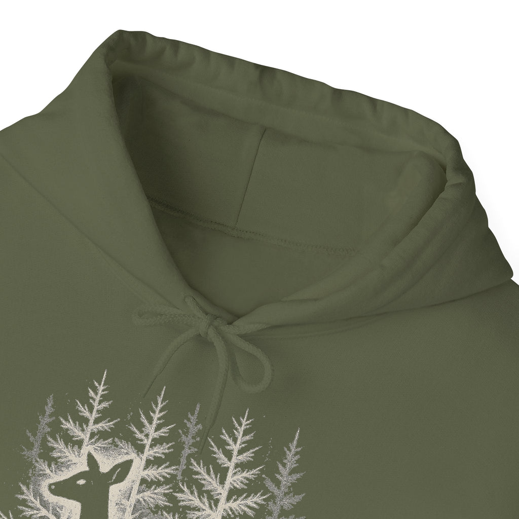 The Faithful Familiar olive green pullover hoodie featuring a detailed white deer and forest graphic on the chest