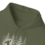 The Faithful Familiar olive green pullover hoodie featuring a detailed white deer and forest graphic on the chest