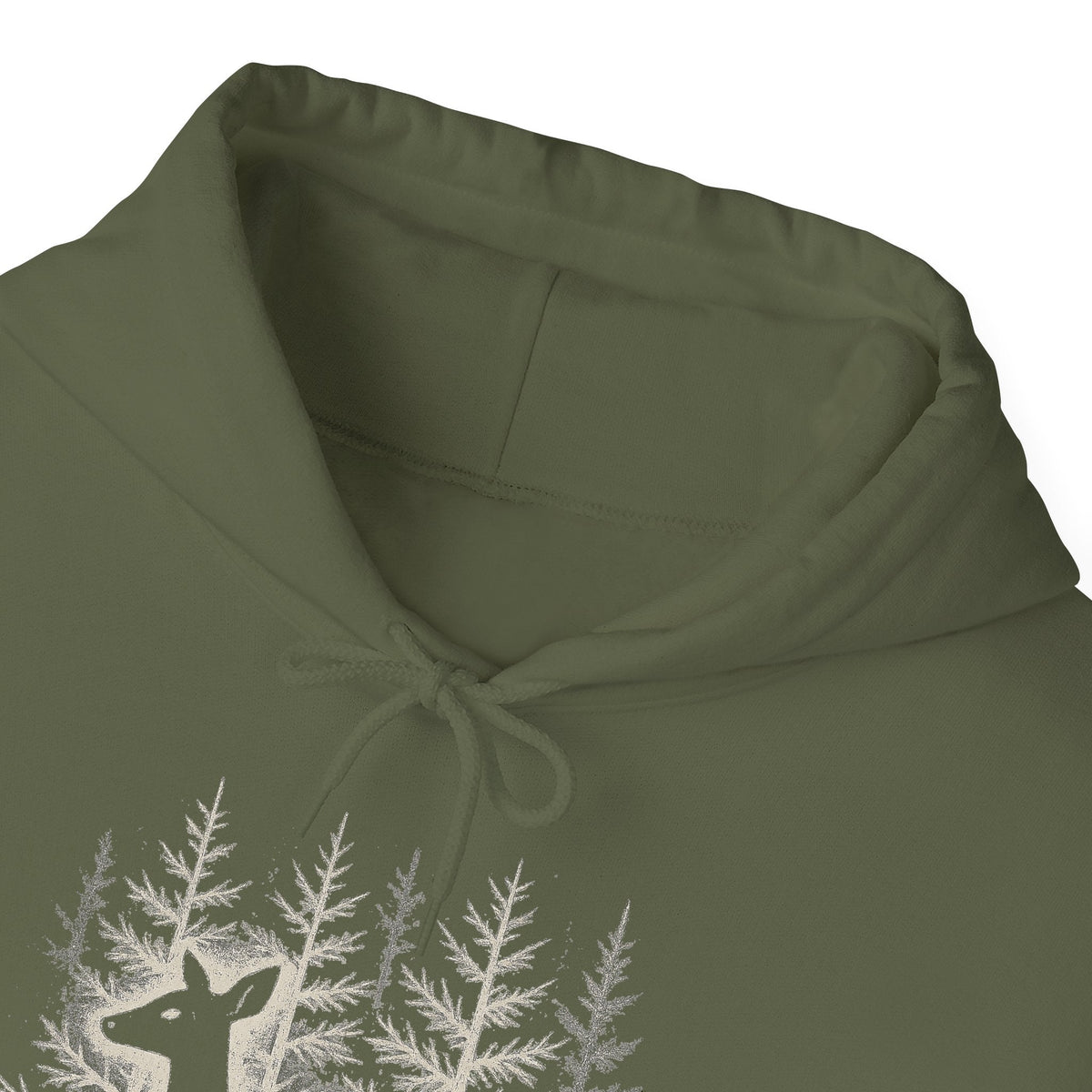 The Faithful Familiar olive green pullover hoodie featuring a detailed white deer and forest graphic on the chest