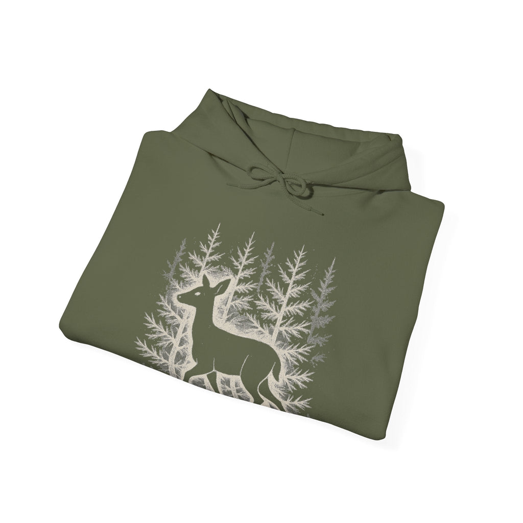 The Faithful Familiar olive green pullover hoodie featuring a white deer silhouette and forest graphic print.