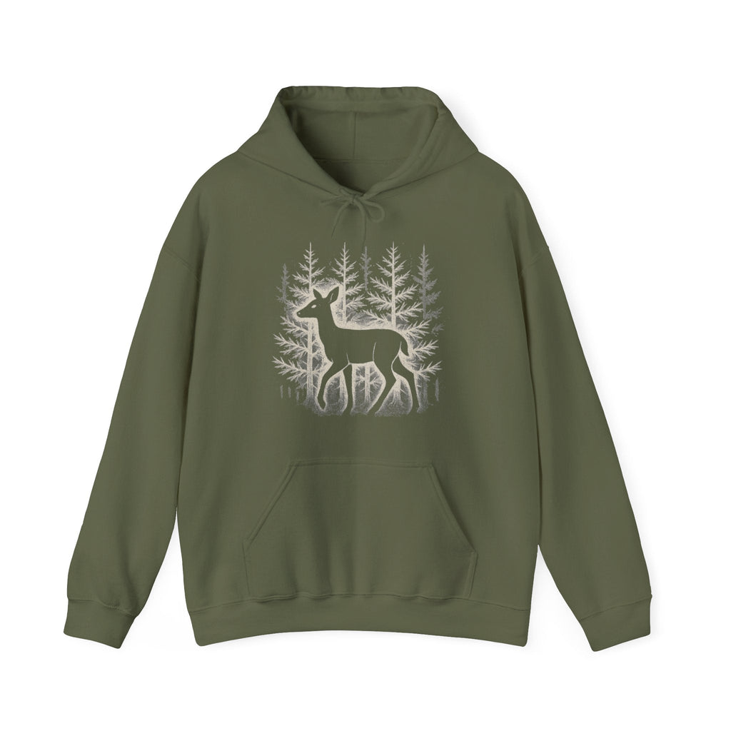 The Faithful Familiar olive green pullover hoodie featuring a white deer silhouette and forest graphic print.
