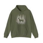 The Faithful Familiar olive green pullover hoodie featuring a white deer silhouette and forest graphic print.