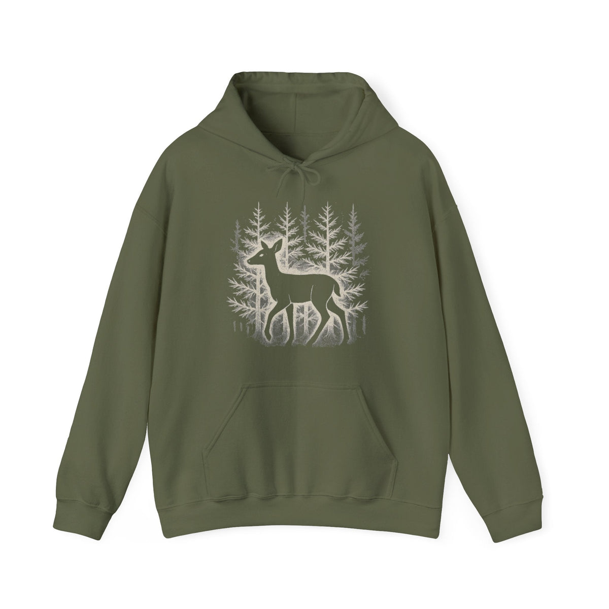The Faithful Familiar olive green pullover hoodie featuring a white deer silhouette and forest graphic print.